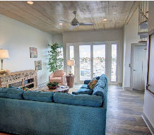 Open living, kitchen and dining area available in Island Moorings subdivision of Port Aransas.